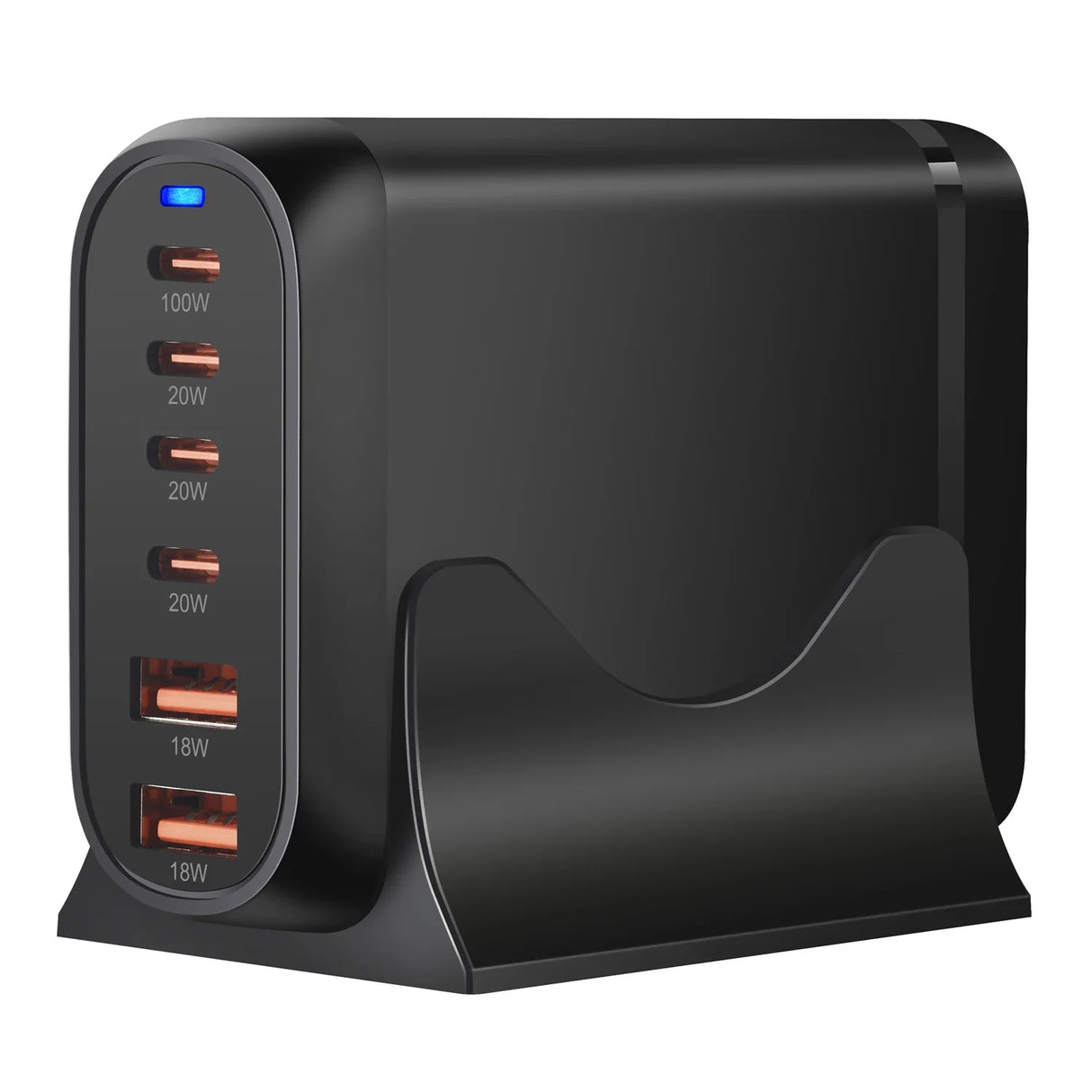 Multi-port USB charging station with different power outputs.