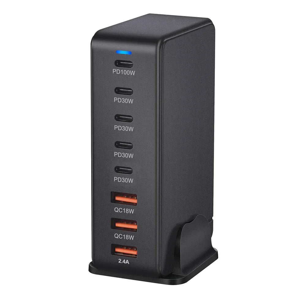 Multi-port USB charging station with various power outputs.