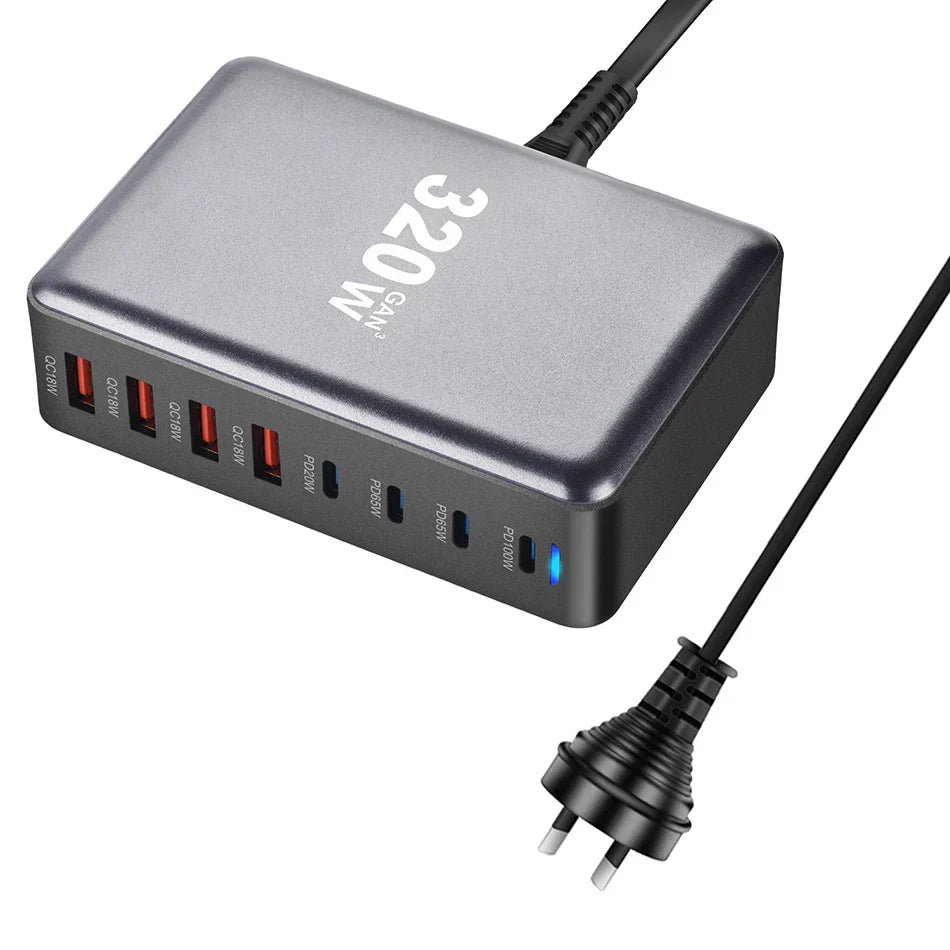Multi-port USB charging station with power cord.