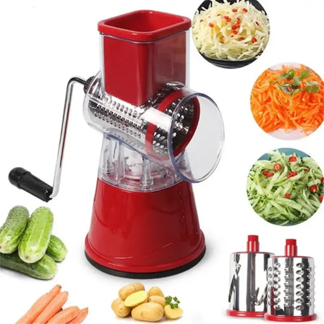 a red juicer with various vegetables and vegetables