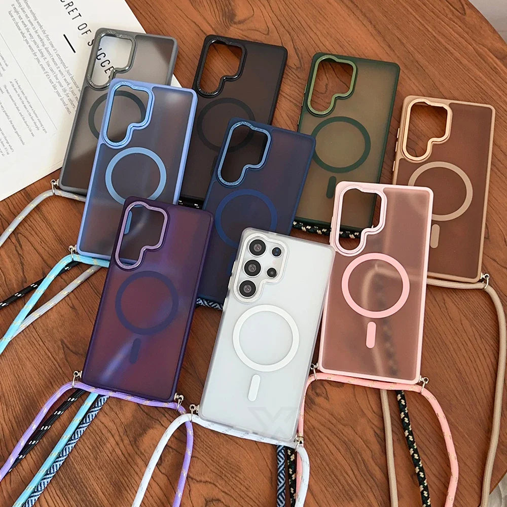 Multiple transparent phone cases with magnetic rings and attached lanyards.