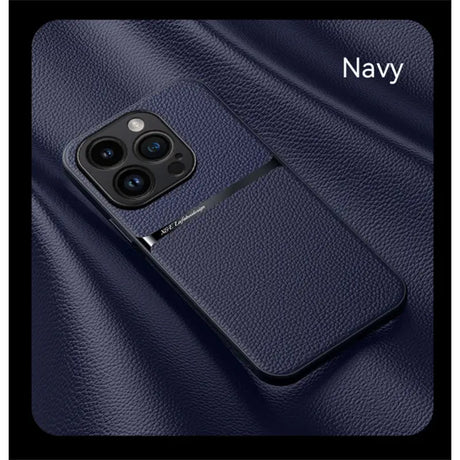 the back of a navy blue leather iphone case
