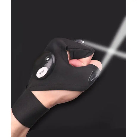 a hand holding a black glove with a white button