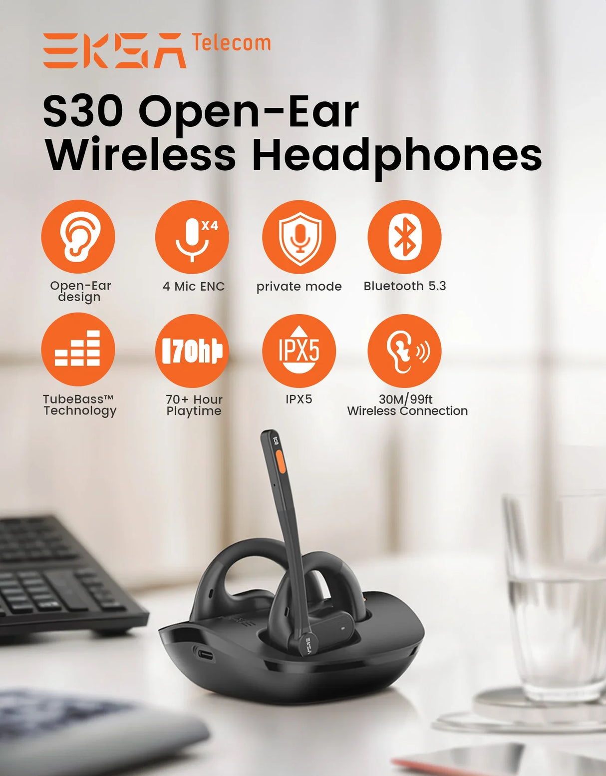 Open-ear wireless headphones with a charging base sitting on a desk.