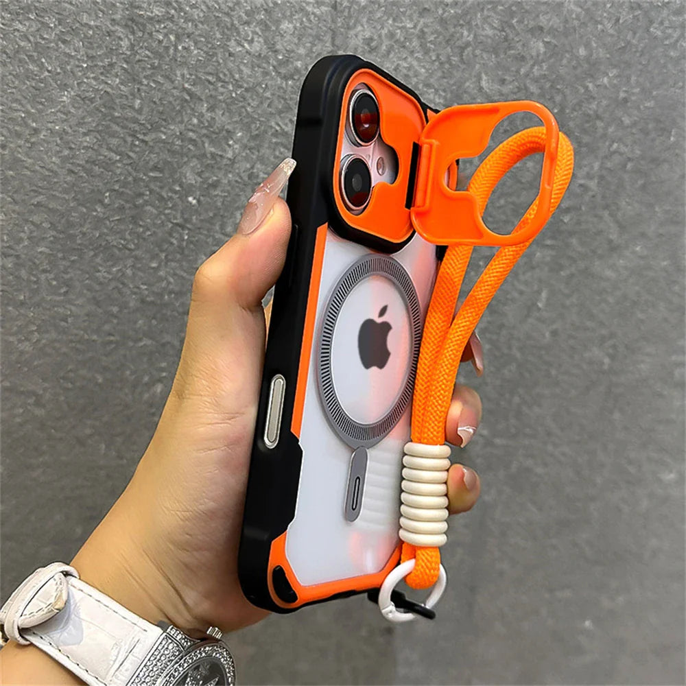 Orange and black iPhone case with lanyard.