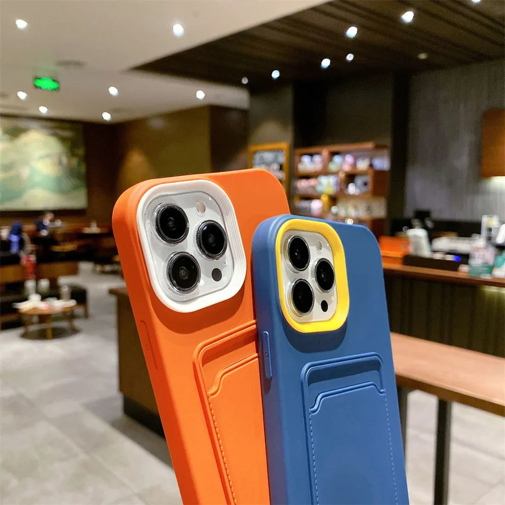 Orange and blue phone cases with card slots.