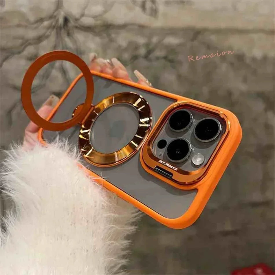 Orange and gold phone case with ring stand.