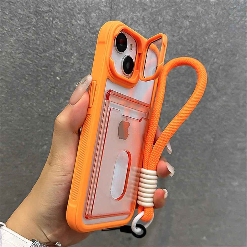 Orange iPhone case with lanyard.
