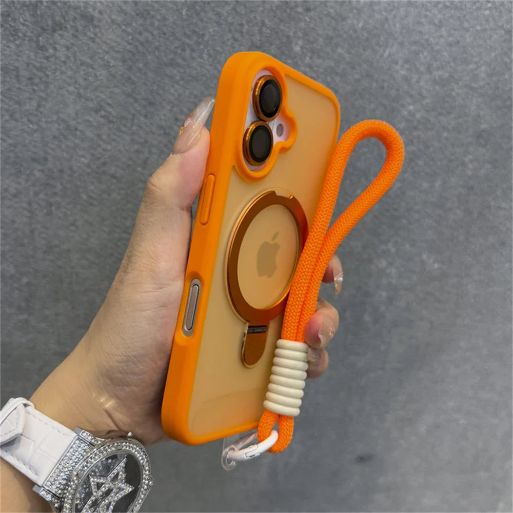 Orange iPhone case with wrist strap.