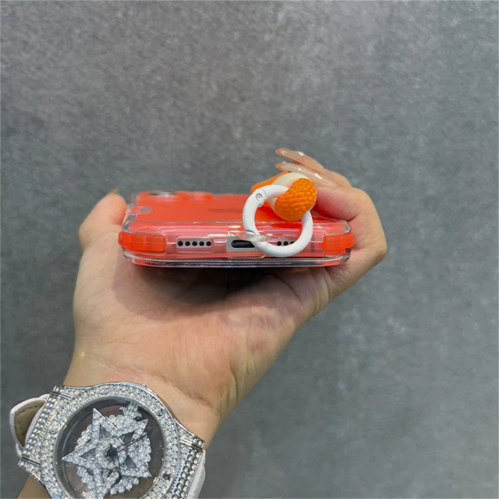 Orange phone case with a beaded ring.