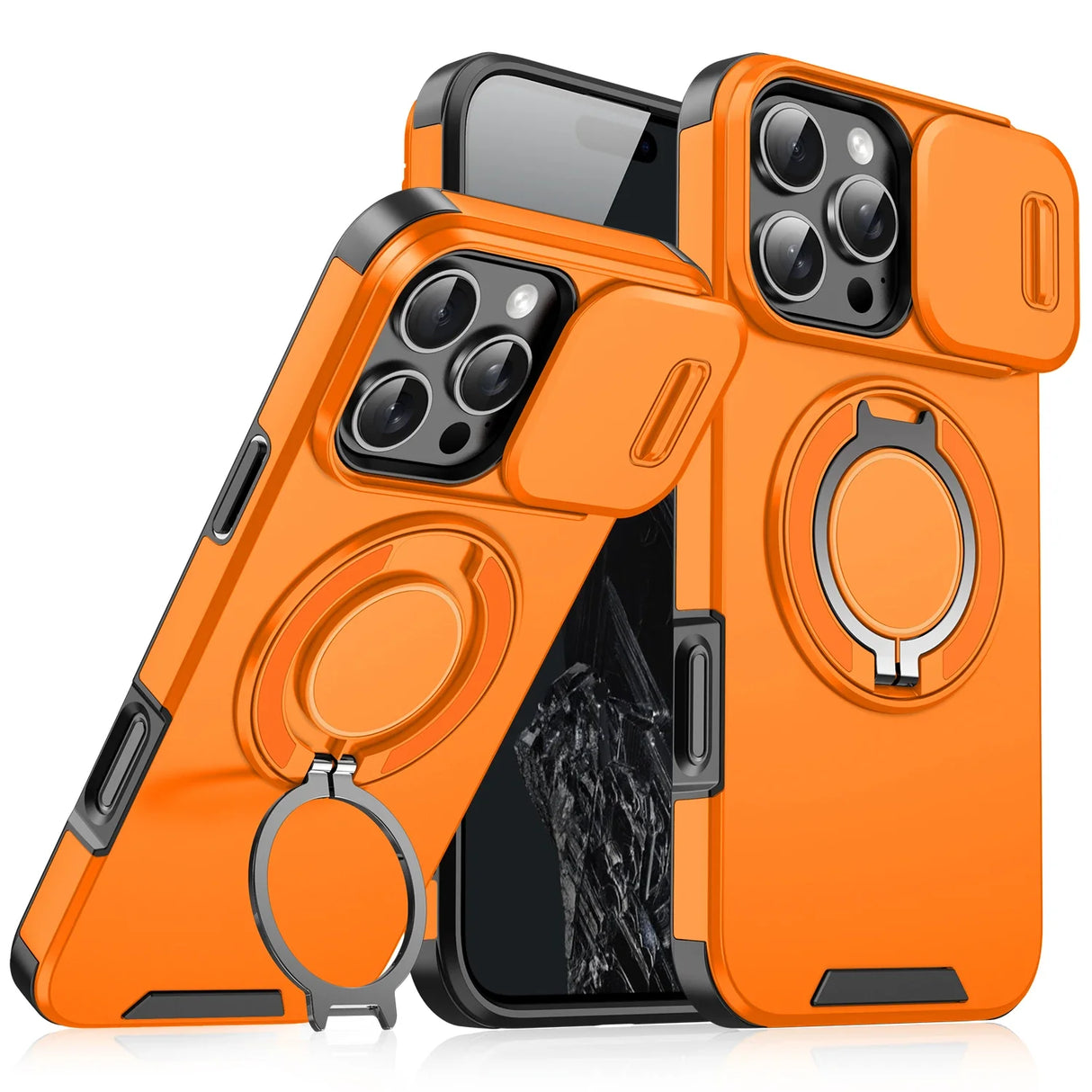 Orange phone cases with camera covers and ring stands.