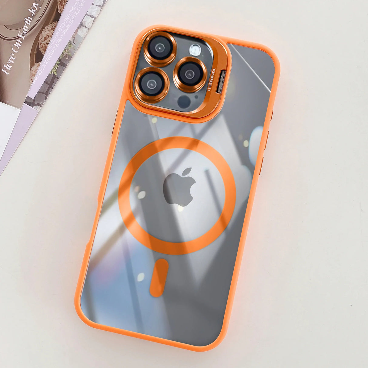 Orange-trimmed clear iPhone case.