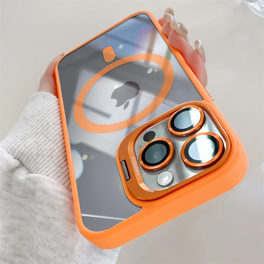 Orange-trimmed clear phone case with camera lens protection.