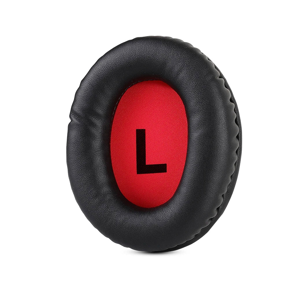 Oval-shaped black ear cushion with a red center marked with the letter ’L’.