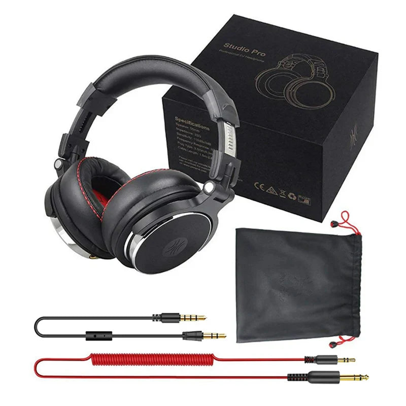 Over-ear headphones with accompanying accessories and packaging.