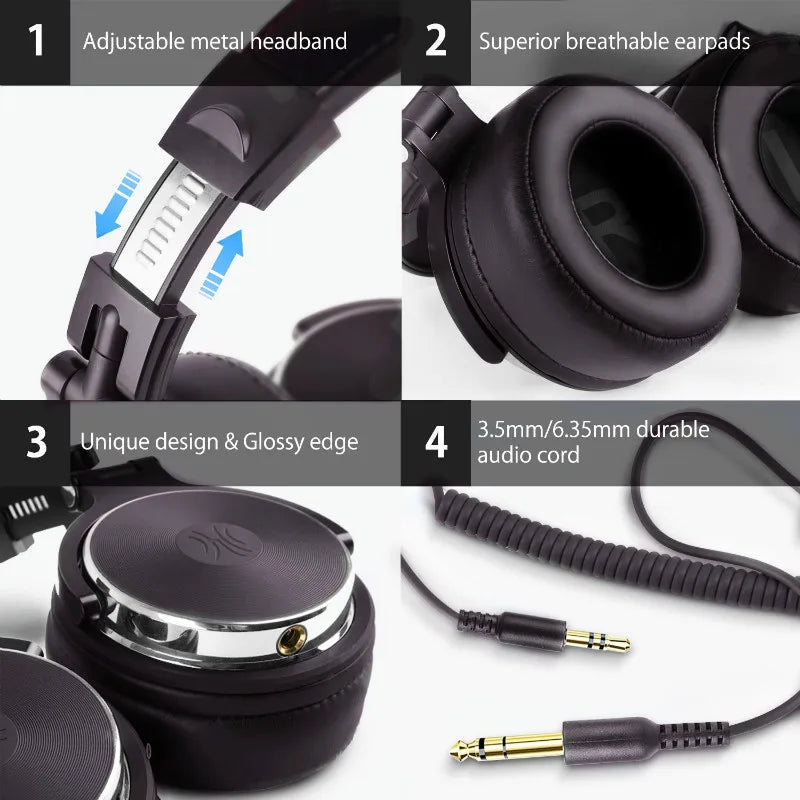 Over-ear headphones with adjustable metal headband and detailed features highlighted in four separate images.