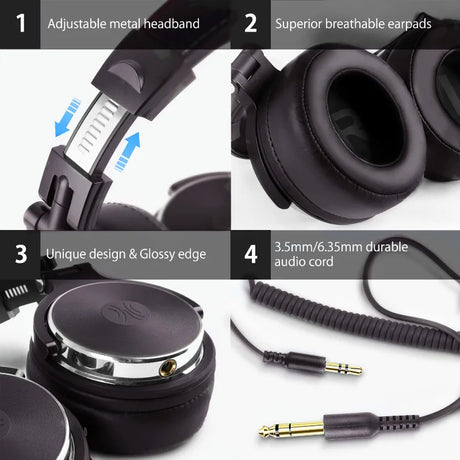 Over-ear headphones with adjustable metal headband and detailed features highlighted in four separate images.