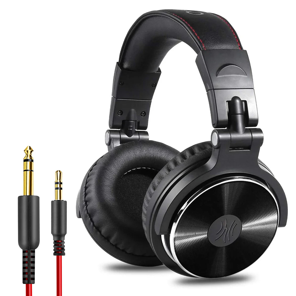 Over-ear headphones with black earcups and a detachable audio cable.