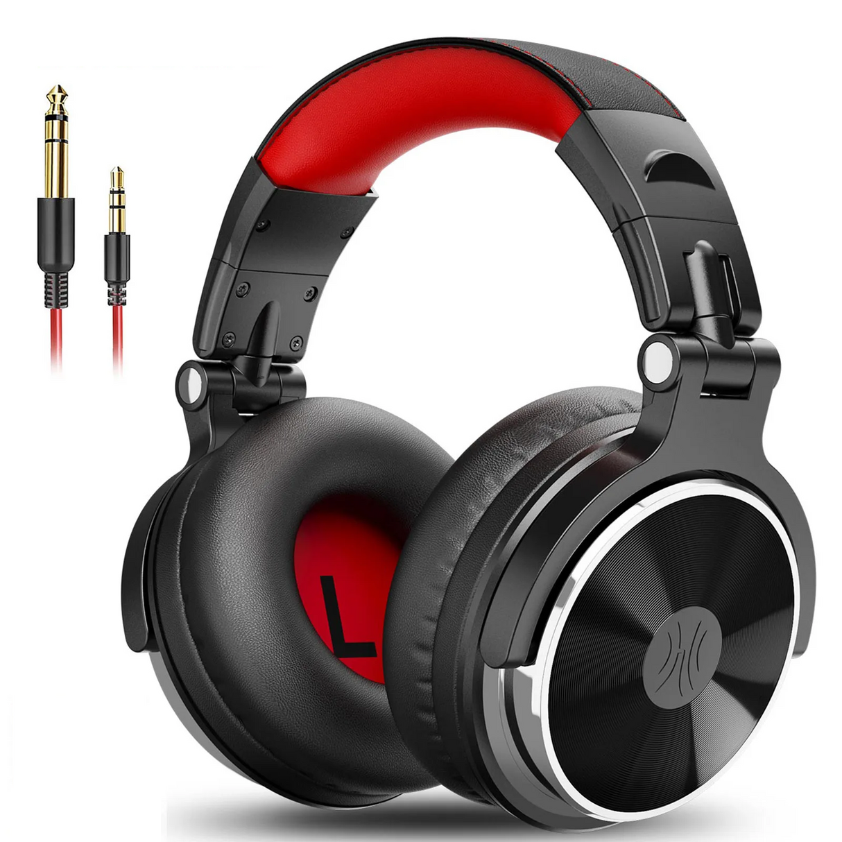 Over-ear headphones with black and red color scheme and detachable audio cables.
