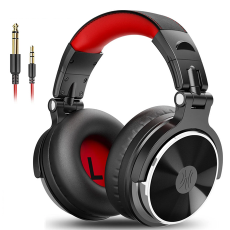Over-ear headphones with black and red color scheme and detachable audio cables.
