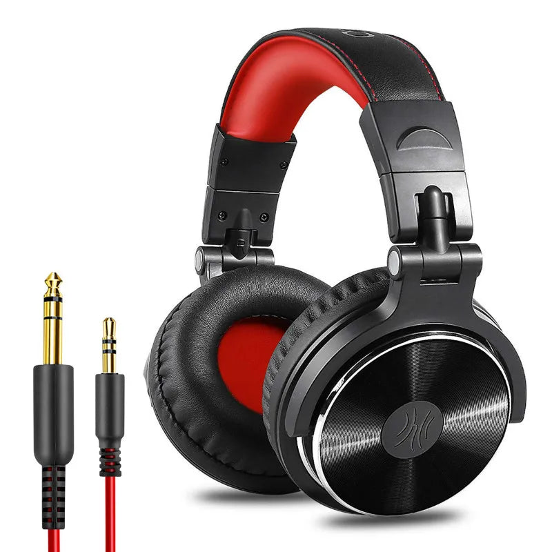 Over-ear headphones with black and red color scheme and detachable audio cable.