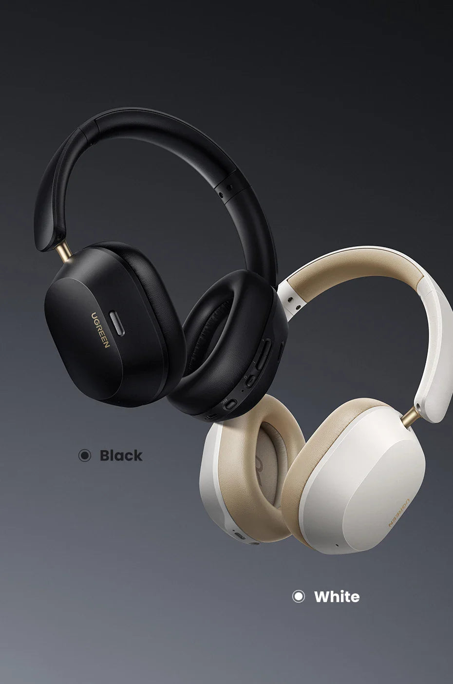 Over-ear headphones shown in black and white color options.