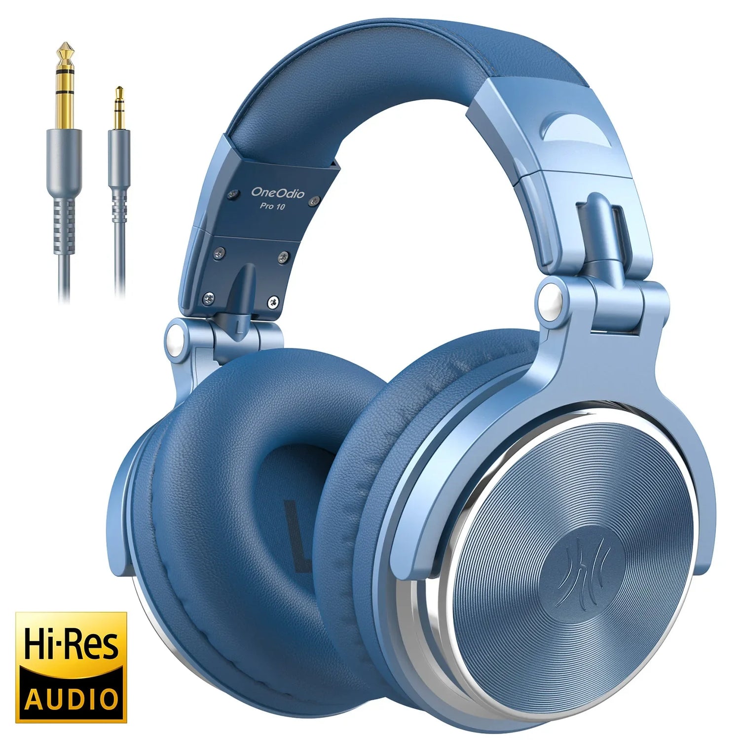 Over-ear headphones with a blue and silver color scheme.