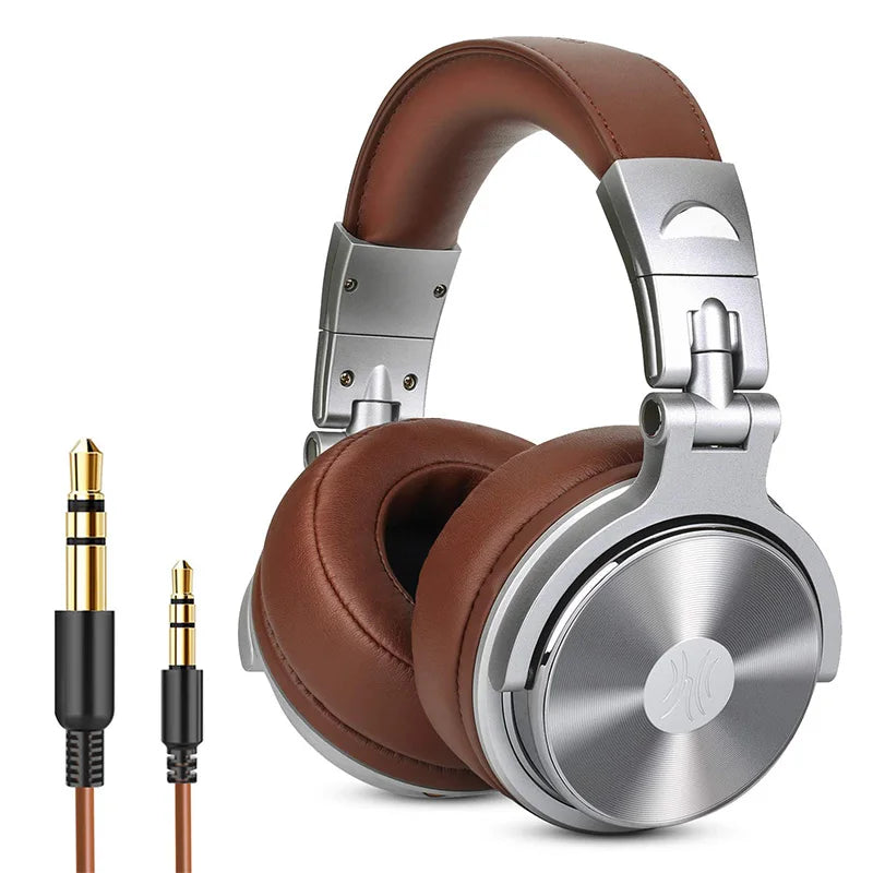 Over-ear headphones with brown leather padding and silver metal accents.