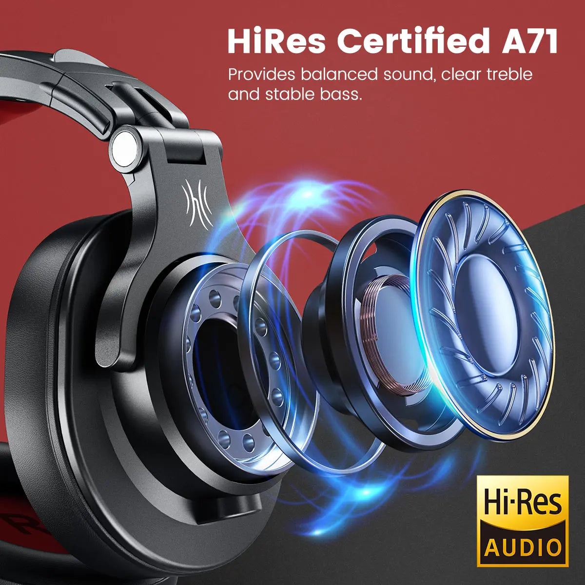 Over-ear headphones with an exploded view showing internal components and highlighting Hi-Res audio certification.