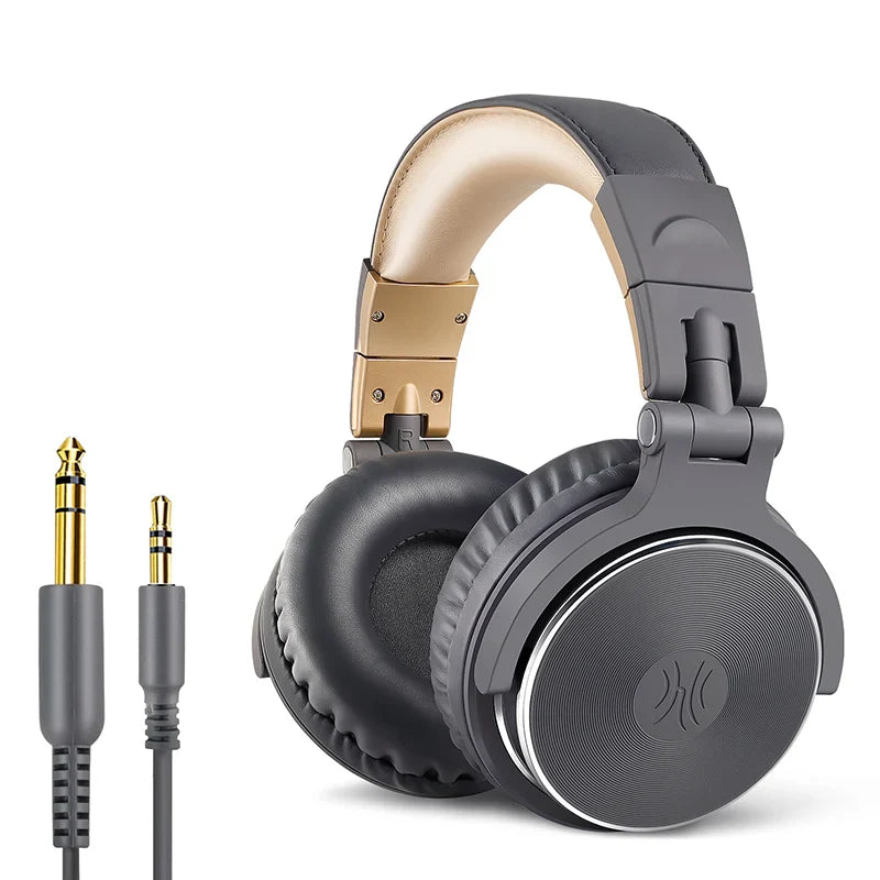 Over-ear headphones with a gold-colored headband and gray ear cups.