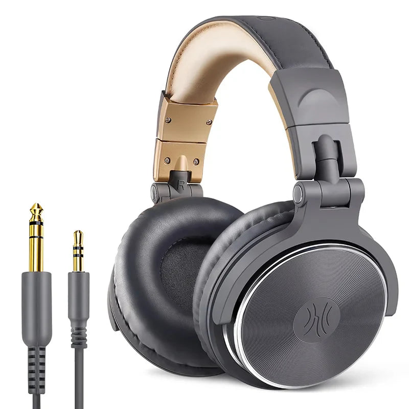 Over-ear headphones with a gray and gold color scheme and detachable audio cables.