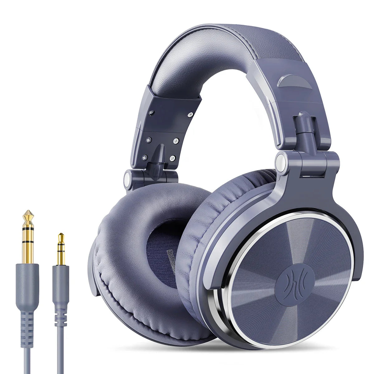 Over-ear headphones with a gray metallic finish and detachable audio cable.