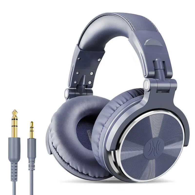 Over-ear headphones with a gray metallic finish and detachable audio cable.