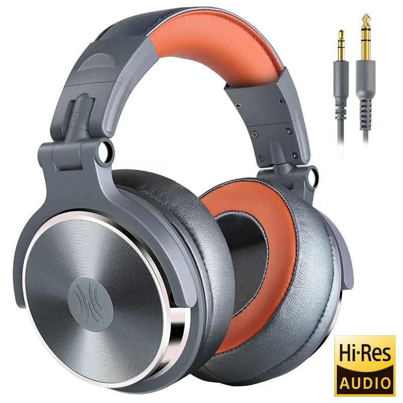 Over-ear headphones with gray and orange color scheme and metal accents.