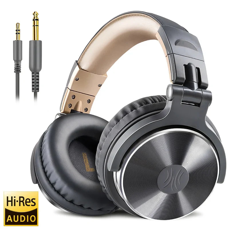 Over-ear headphones with a metallic finish and detachable audio cable.