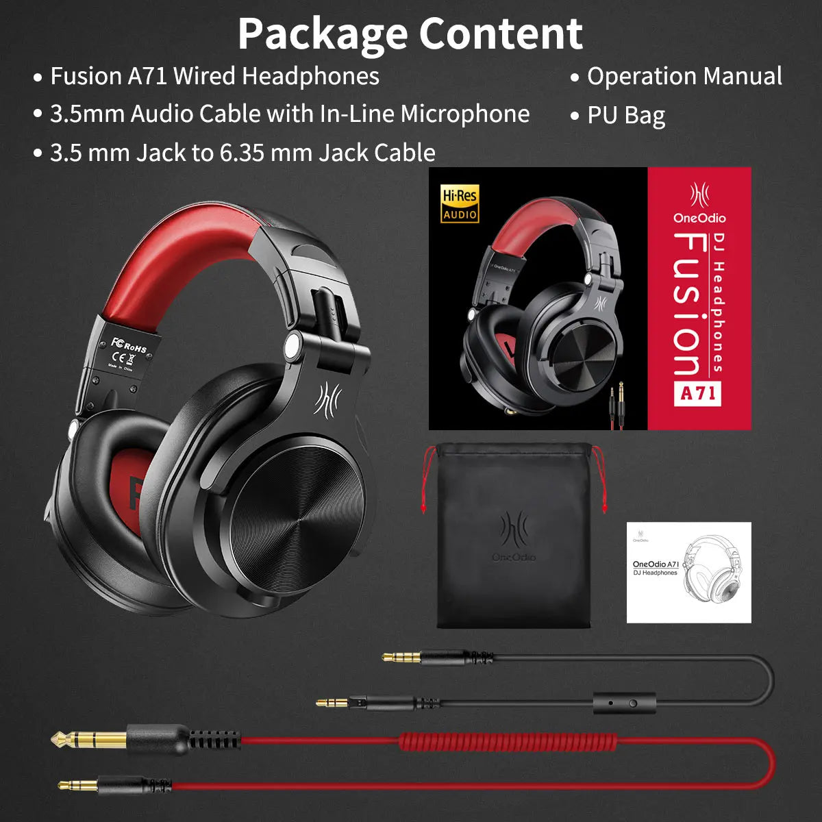 Over-ear headphones with red and black color accents and a detachable microphone cable.