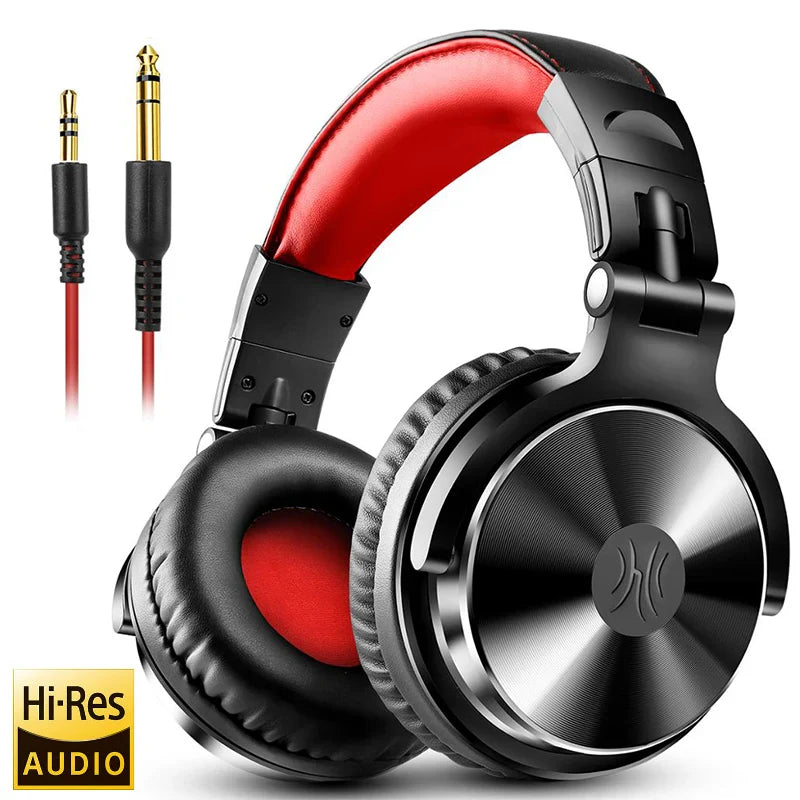 Over-ear headphones with red and black color scheme and metal accents.