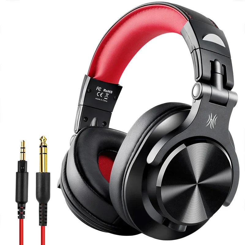 Over-ear headphones with a red headband and black earcups, accompanied by an audio cable.