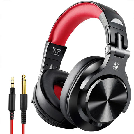 Over-ear headphones with a red headband and black earcups, accompanied by an audio cable.