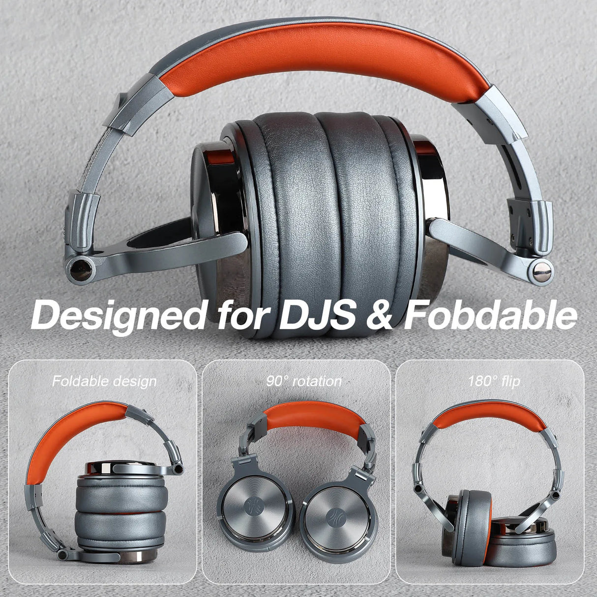 Over-ear headphones with a silver body and orange headband.