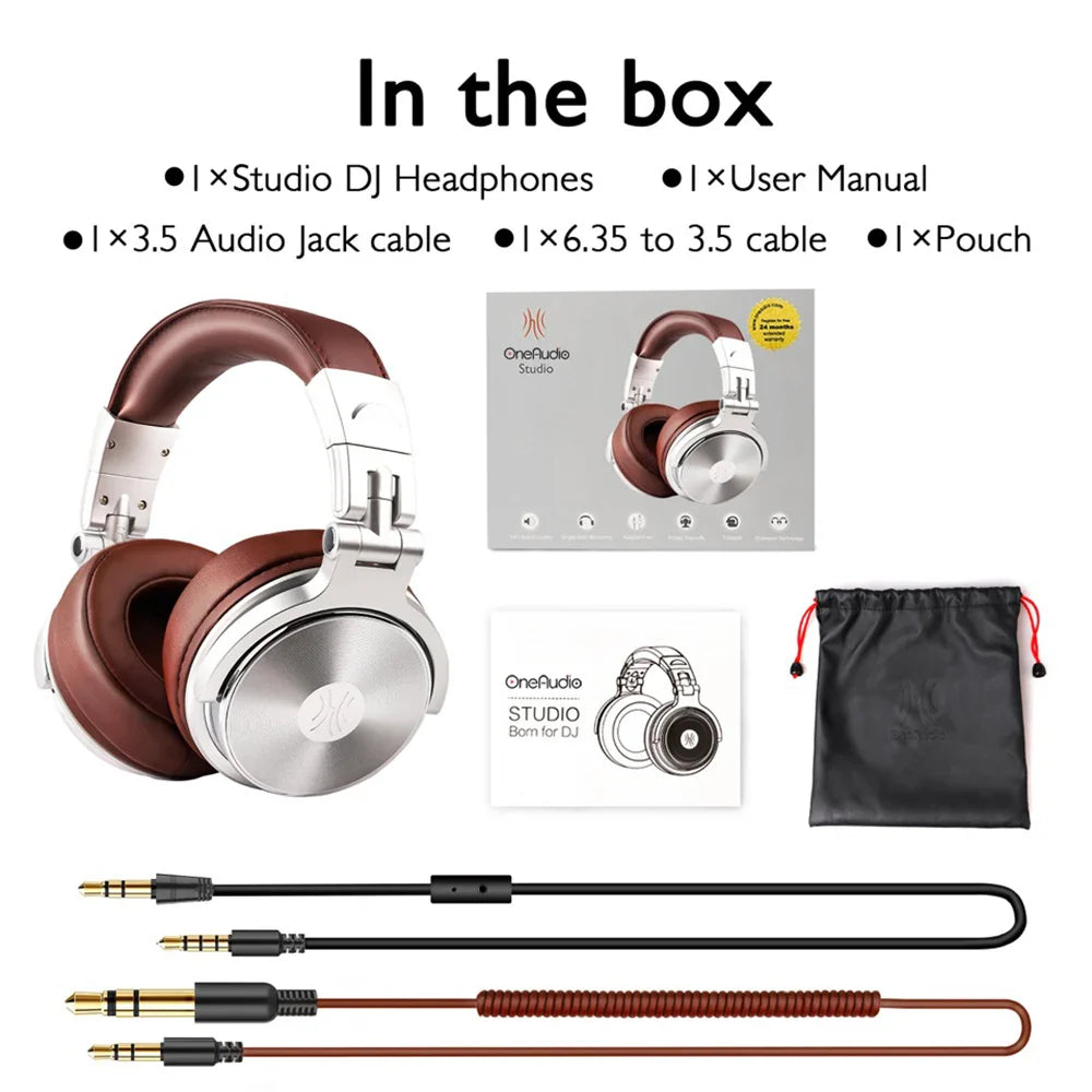 Over-ear headphones with silver earcups and a brown headband.