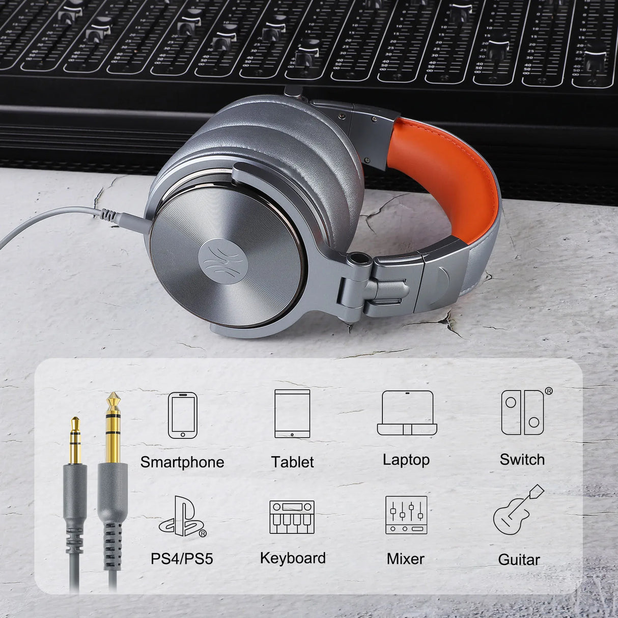 Over-ear headphones with silver and orange coloring.
