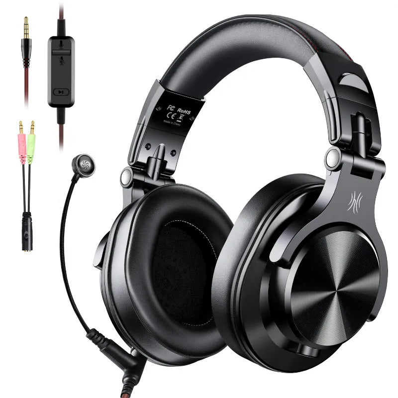 Over-ear gaming headset with attached microphone and multiple audio connection cables.