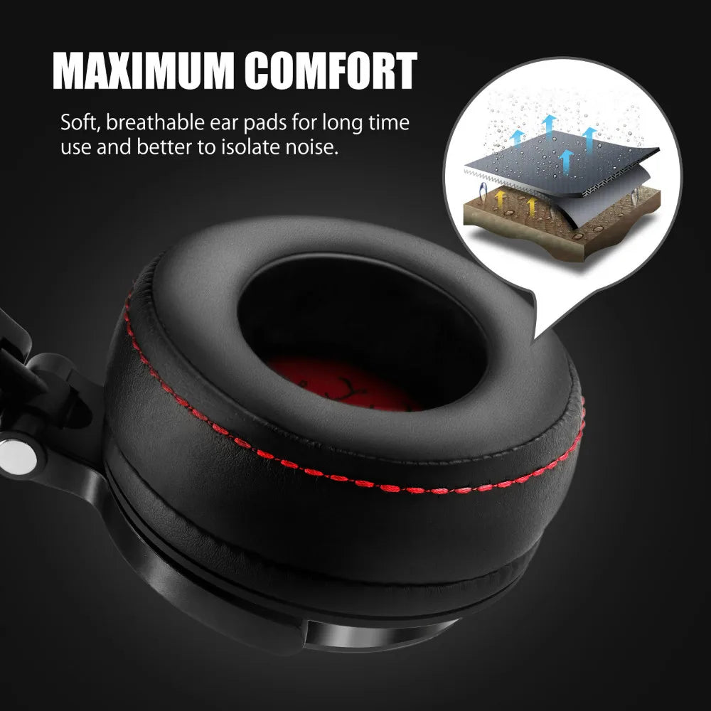 Padded ear cup of a headphone with red stitching detail.
