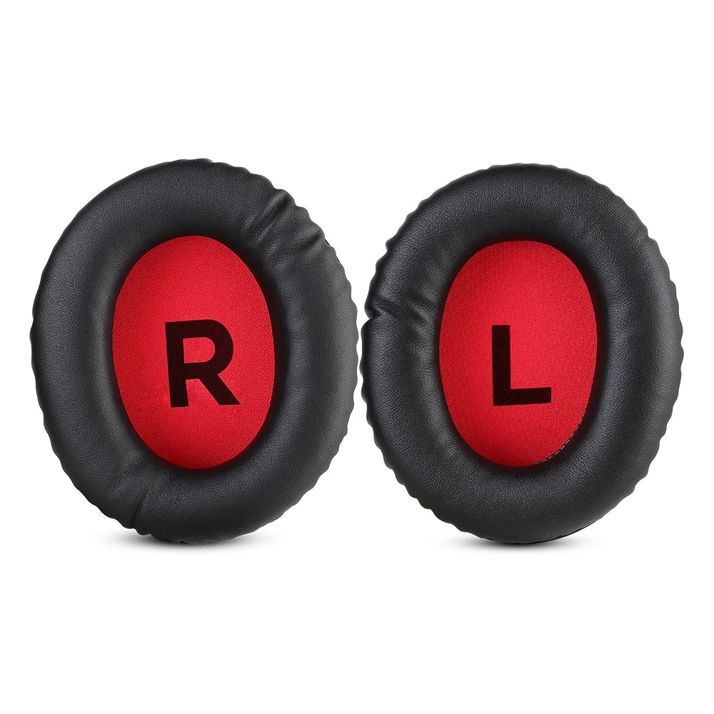 Pair of black headphone ear cushions with red centers labeled ’R’ and ’L’.