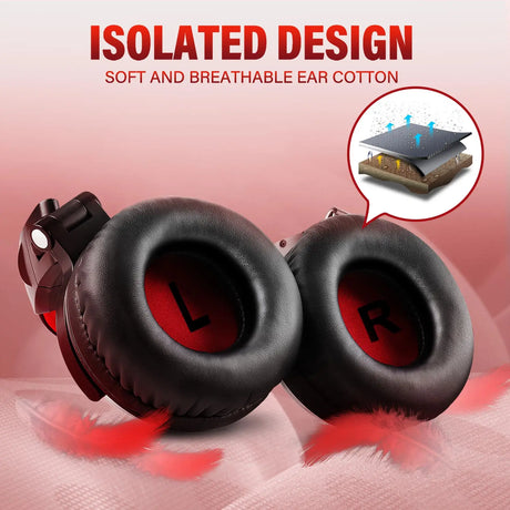Pair of black over-ear headphone cushions with a red accent.