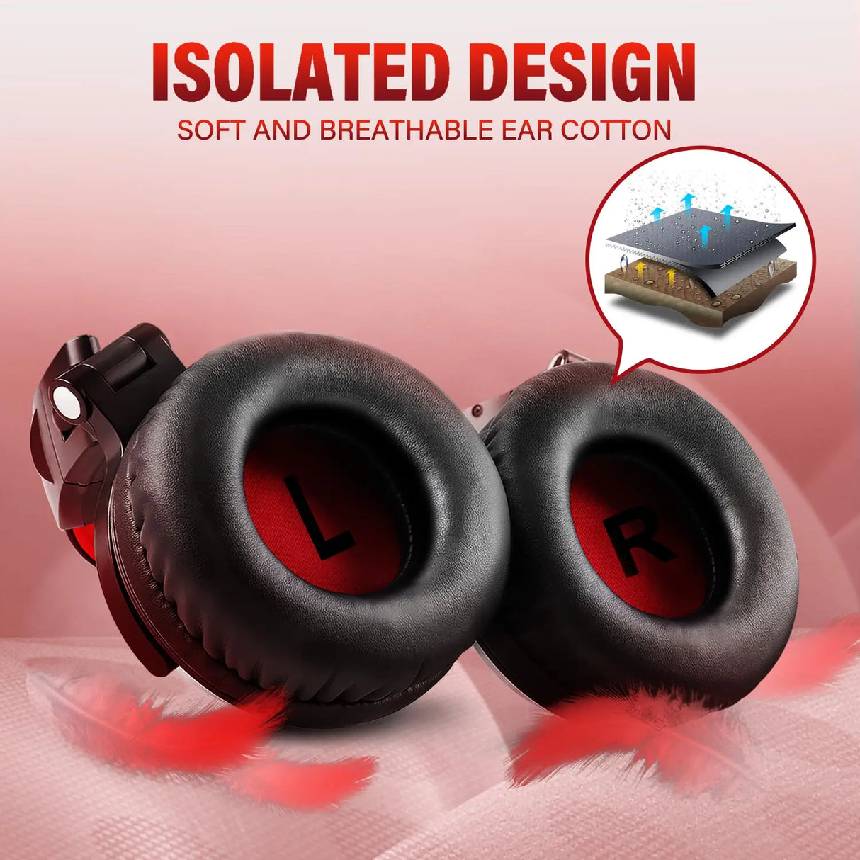 Pair of black over-ear headphone cushions with a red accent.