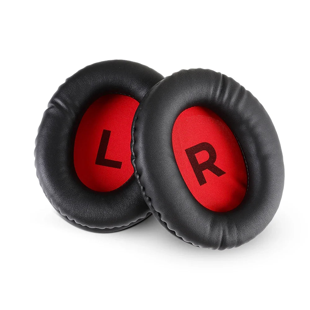 Pair of black and red ear cushions labeled ’L’ and ’R’ for headphones.