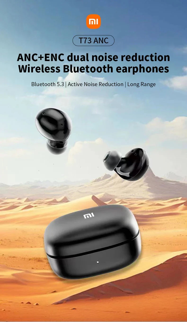 Pair of black wireless Bluetooth earphones with their charging case.