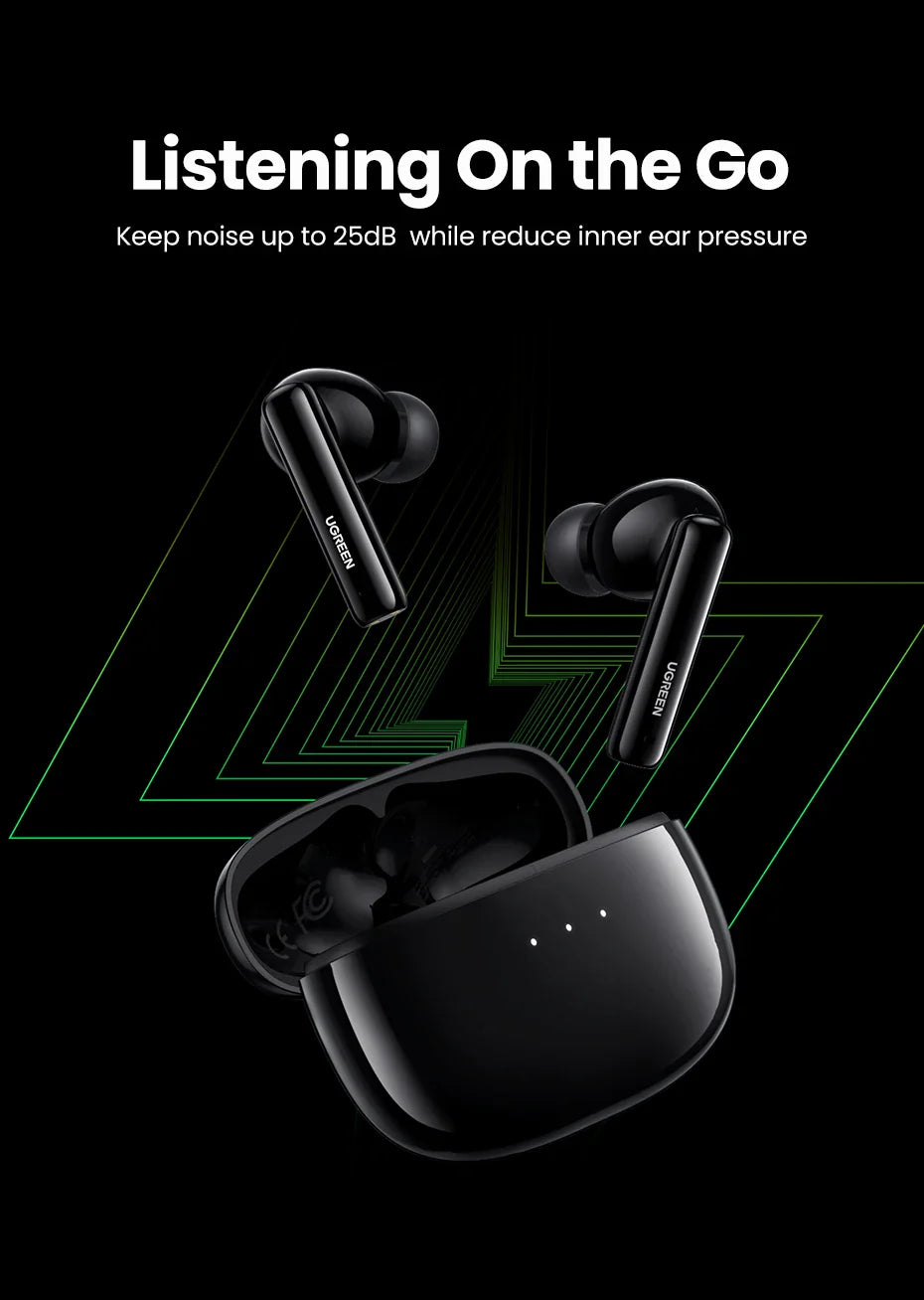 Pair of black wireless earbuds with their charging case.